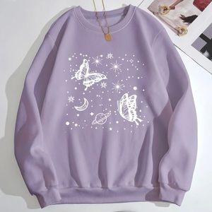 Butterfly and Galaxy Print Thermal Lined Light Blue Sweatshirt🦋